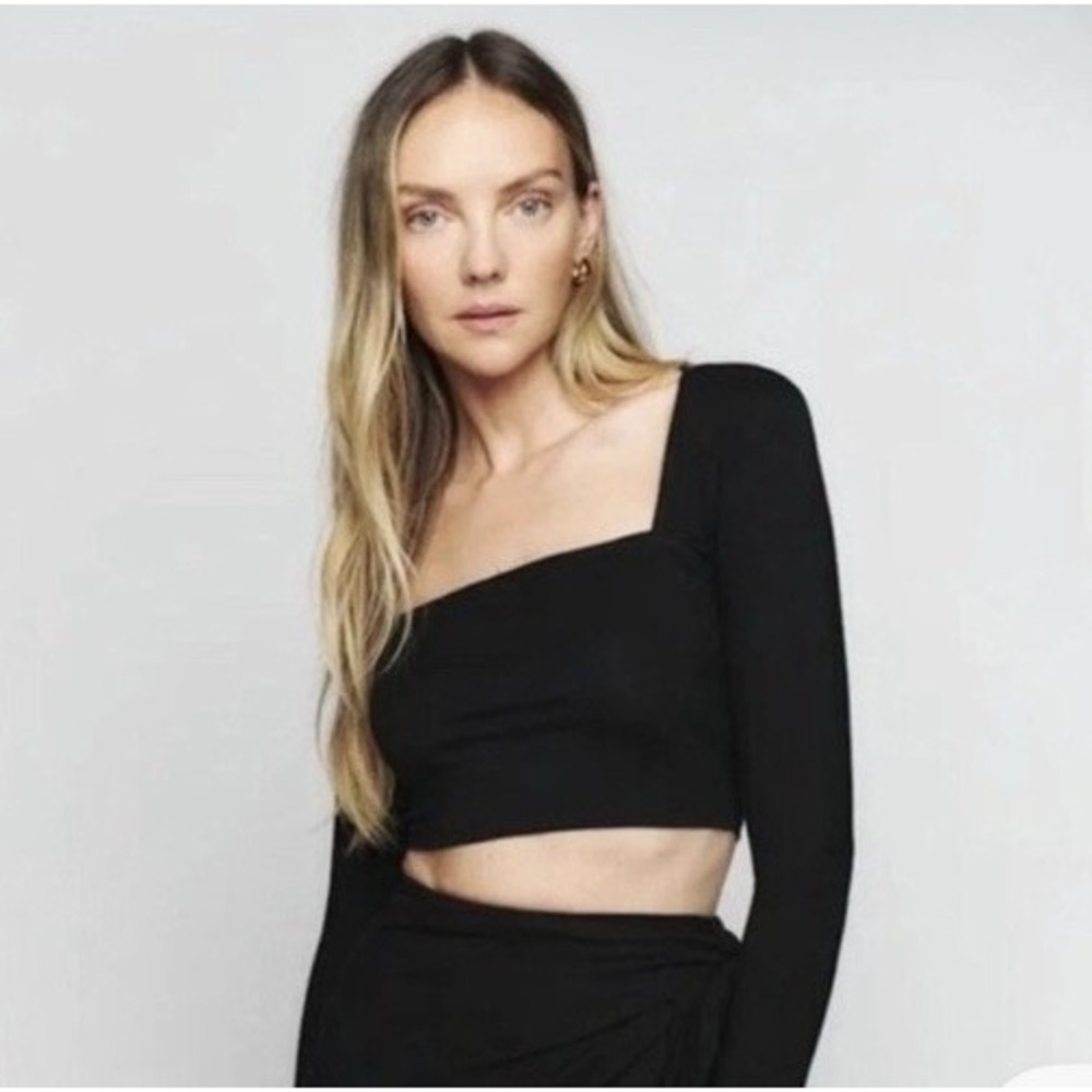 Reformation Black Square Neck Top Long Sleeve Cropped Stretch Size Large